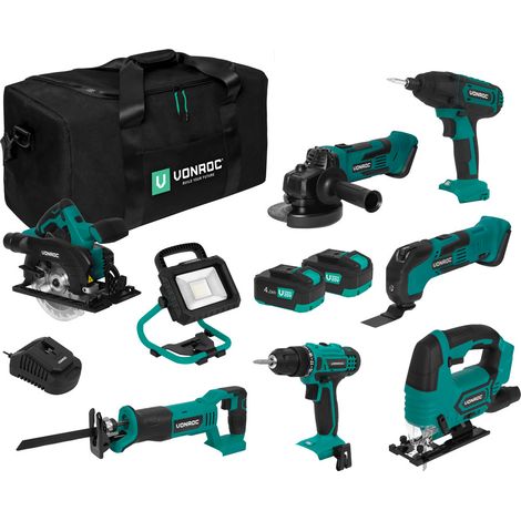 Vonroc – Pack de 7 outils électroportatifs 20V – 2 batteries 4.0Ah – Chargeur rapide – Lampe de travail LED – Sac à outils inclus (1/5)