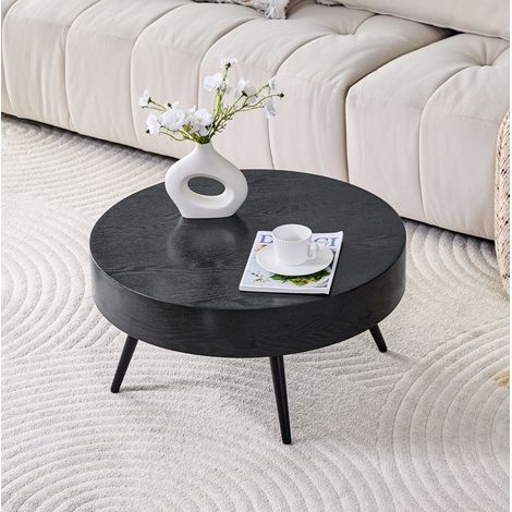Table basse ronde 70x70x35,5 cm noire, design compact, plateau en MDF et pieds en métal MEUBLIV (1/5)