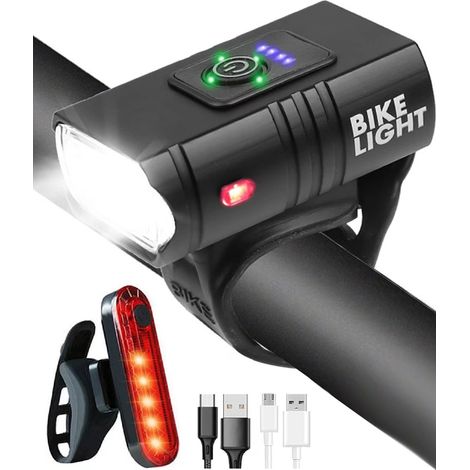 Fahrradlampe, Vorder- und Rücklicht, ultrahelles LED-Licht, USB-aufladbar, 6 Leuchtmodi, wasser- und staubdicht, ideal für Mountainbiken und Radfahren bei Nacht, Full HD (1/5)