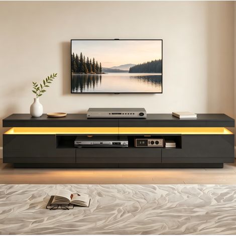 Mobile porta TV 175x38x45 cm LED con 2 ante, 1 cassetto e vano contenitore semiaperto, nero lucido (1/5)