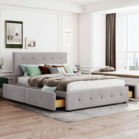 Letto matrimoniale imbottito 140x200 cm, con 4 cassetti, rete a doghe, tessuto velluto, stile scandinavo, letto per adulti - Grigio (1/5)
