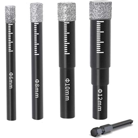 Juego de 4 brocas de diamante para azulejos de 6/8/10/12 mm - Brocas de carburo de tungsteno para cerámica, granito, vidrio, porcelana, azulejos, baldosas duras, gres porcelánico, mármol, con mango he