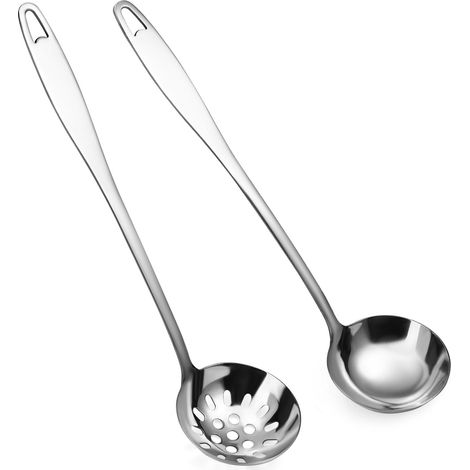 Lot de 2 louches à soupe et cuillères à fente, louches en acier inoxydable SUS304 très résistantes en acier inoxydable SUS304, écumoire, passoire, cuillère pour servir des sauces, 36 cm (1/5)