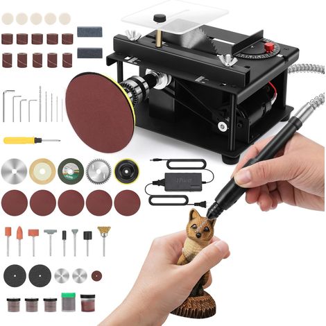 Mini Scie de Table, Scie Circulaire Compacte avec Ponceuse à Bande,100W Multifonctionnelle Portable de Précision pour Bricolage, 5 Lames, 30mm Lame pour Travaux du Bois et DIY (1/5)