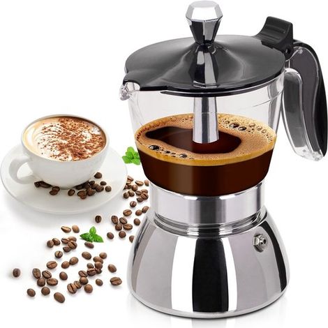 Cafetera moka de plástico transparente de 200 ml con piezas de acero inoxidable, 4 tazas, cafetera espresso italiana clásica para estufa (1/5)