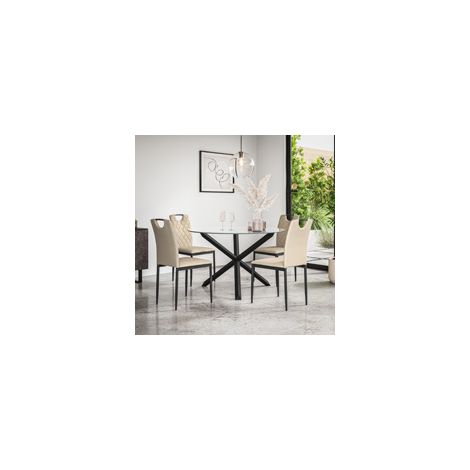 Malvern Round Dining Table And Chairs -  Clear Glass Table Top w Solid Oak Black Legs + Monza Faux Leather Dining Chair Set Of 4 (Beige) (1/5)