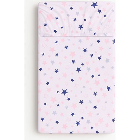 Sábana bajera de algodón para cuna 140x70 cm - estrellas azul marino y rosa sobre fondo blanco (1/2)