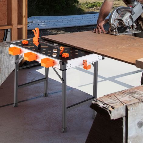 Établi Pliable avec 2 Pinces et 4 Serrages Table de Travail Portable avec 3 Boîtes à Outils Banc de Menuiserie Charge 454KG pour Garage Orange CW3582 Maison Chic (1/3)