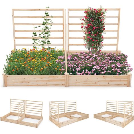 GOPLUS Jardinière Surélevée avec 3 Treillis, Bac à Fleurs Extérieur en Bois avec Compartiments Divisés, Assemblage DIY (1/4)