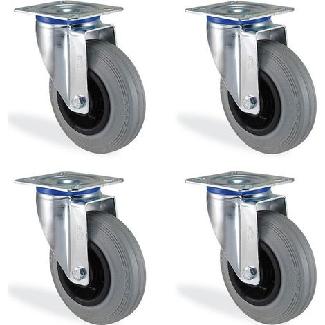 Lot roulettes pivotante caoutchouc gris souple diamètre 200mm charge 660kg