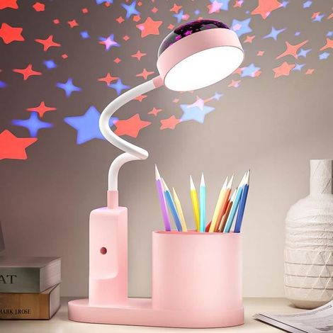 Lampe de bureau enfant - Lampe de chevet avec porte-stylo - Lampe de table ciel avec changement de couleur automatique, Rose (1/4)