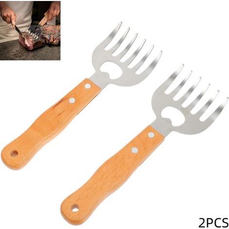 Set di 2 artigli per sminuzzare la carne in acciaio inox con lunghi manici in legno (21,7x7,5 cm), ideali per barbecue. (1/5)