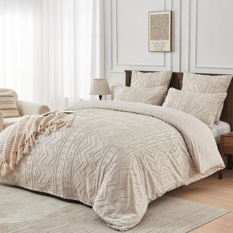 Bettwäsche 200x200 cm Beige Getuftet Geometrisch Mikrofaser 3-teilig mit Reißverschluss
