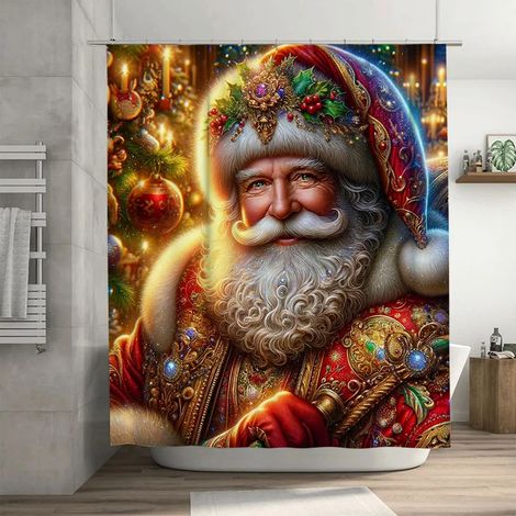 (51031012-150x200cm) Rideau de douche Père Noël royal avec sceptre et sapin de Noël scintillant, décoration de salle de bain festive luxueuse rouge et or (1/5)