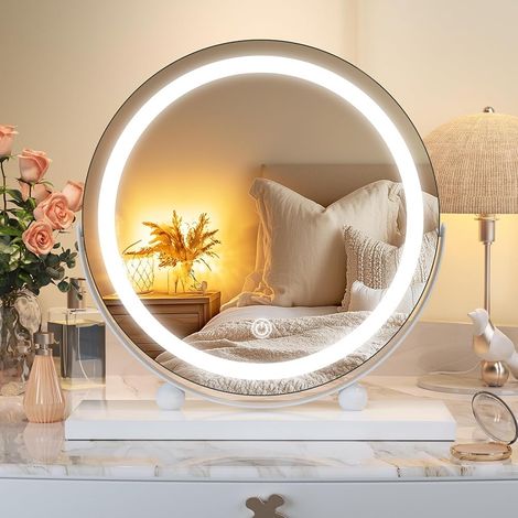 Hasipu Schminkspiegel mit Beleuchteter, 28 x 28cm LED Kosmetikspiegel mit Lichtern, Smart Touch Steuerung, 3 Farben, Dimmbar, Runder Spiegel, 360°-Drehung, Weiß