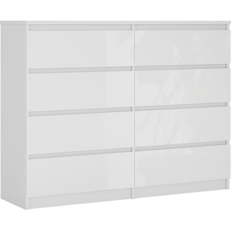 Commode 8 tiroirs : Blanc Mat / Blanc Brillant, 120 x 39 x 101 cm (1/5)