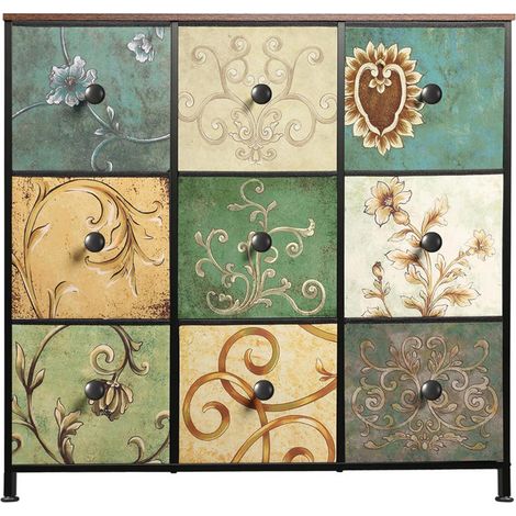 Commode de rangement tissu 9 tiroirs – Design bohème – Cadre en métal – Dimensions 100×30×100 cm (1/5)