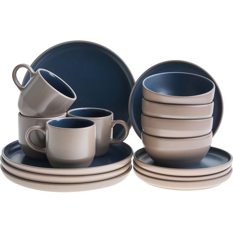 Set da tavola 16 pezzi in gres elegante per cucina e sala da pranzo per 4 persone beige e blu Nutmeg