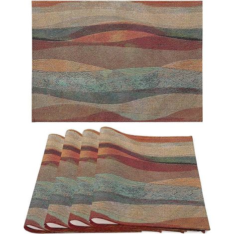 Ensemble de 4 sets de table, en lin antidérapant et résistant à la chaleur, motif travertin et grès du sud-ouest de l'Arizona, rayures turquoise, lavables, pour les fêtes. (1/5)