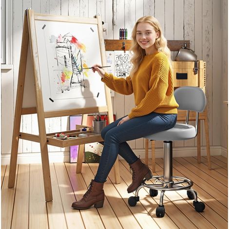Tabouret à roulettes réglable gris avec dossier et repose-pieds, revêtement simili cuir MEUBLIV (1/5)