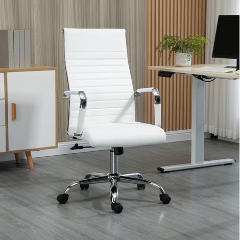 Chaise de bureau en similicuir blanc avec fonction bascule, hauteur reglable et roulettes 360°, 54 x 62 x 104-114 cm (1/5)