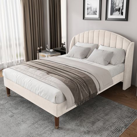 Cama 140x190 cm beige de terciopelo con cabecero alto, para piso, sin colchón – MEUBLIV (1/5)