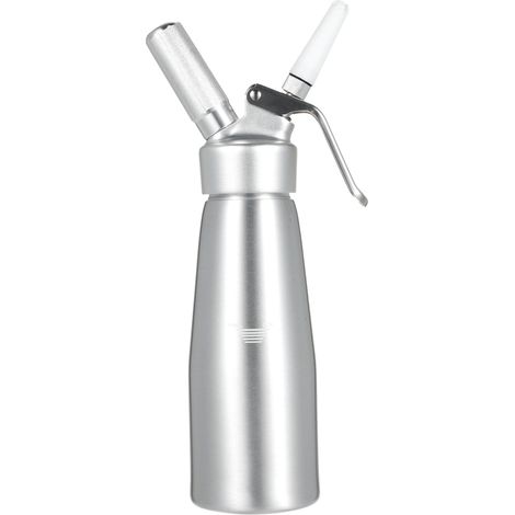 Siphon à chantilly professionnel en aluminium ultra-résistant de 500 ml, avec 3 embouts en plastique différents et une brosse de nettoyage.
