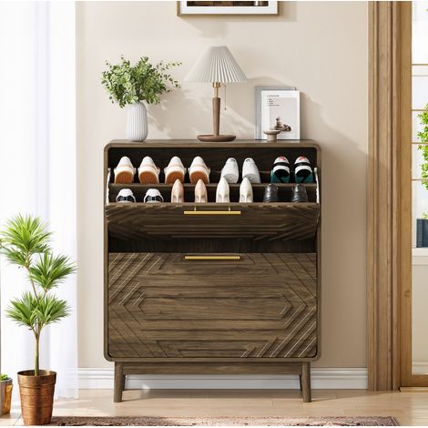 Meuble à chaussures autoportant style mid-century, MDF couleur noyer, 80 x 24 x 95 cm (1/5)
