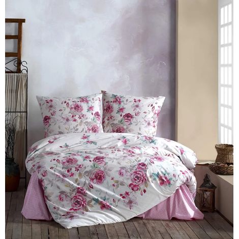 Linge de lit 155 x 220 cm, motif floral blanc et rose, 100 % coton percale, Desima (1/5)