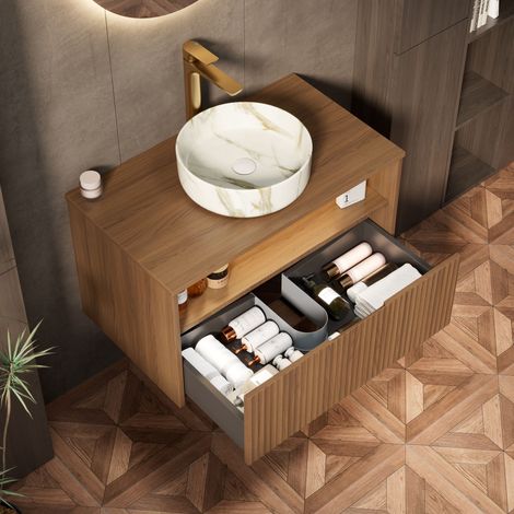 Étagère, avec tiroir, blanc, 80 cm, pour salle de bain, chêne brun, rangement ouvert, organisation maison, format pratique