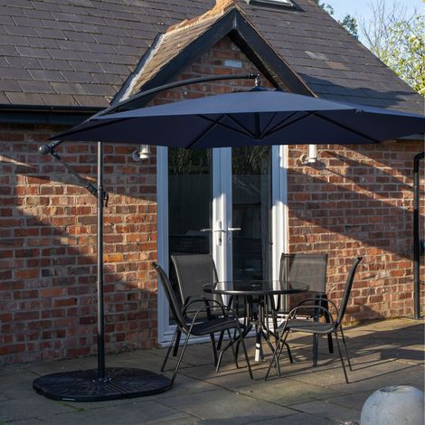 Outdoor 4 Person Round Glass Top Garden Dining Table Chairs With Blue Banana Parasol and Base (1/5)