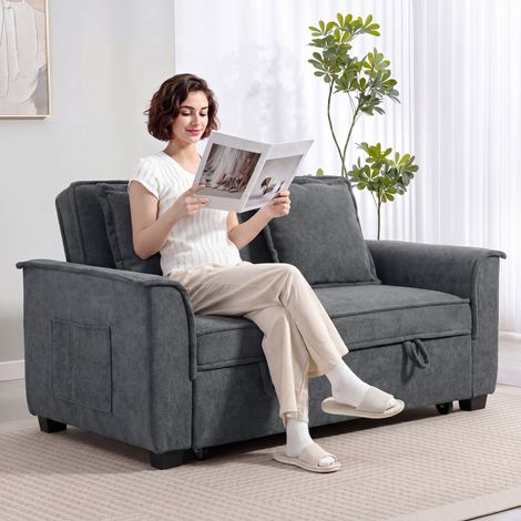 Canapé Convertible 2 Places, Lit Clic-Clac Chenille, Dossier Réglable, 2 Coussins, Gris (1/5)