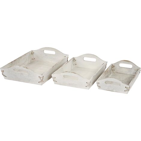 [NON UTILIZZATO] Set 3x vassoi decorativi cucina shabby vintage HHG-805 legno paulonia bianco