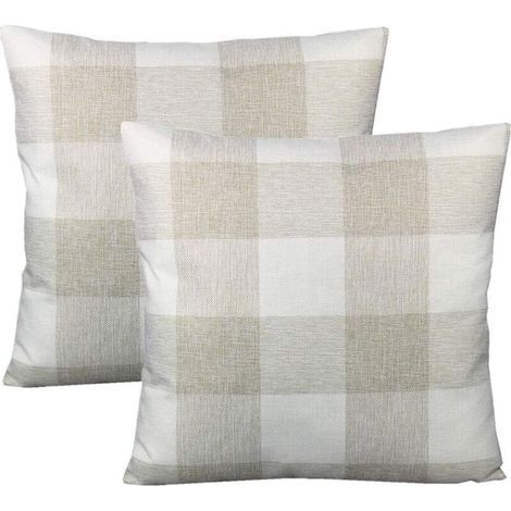 Housses de coussin décoratives carrées à carreaux style ferme, beige et blanc, style rétro, 50 x 50 cm. Idéales pour canapé, fauteuil, bureau ou extérieur. Lot de 2. (1/5)