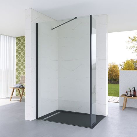 Duschabtrennung mit 30 cm Spritzschutz für Walk-in Dusche, 8 mm Einscheibensicherheitsglas mit Nanobeschichtung, Aluminiumprofile in schwarz matt, Montage links oder rechts möglich, 100 x 200 cm (1/5)