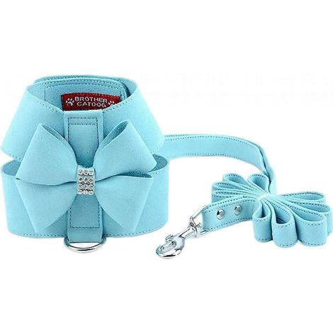 Harnais anti-traction pour petite chienne avec nœud papillon et strass, en cuir suédé souple bleu ajustable. (1/5)