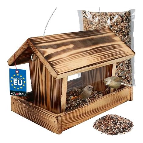 Mangeoire Oiseaux Exterieur - Bois - 28x18x20 cm - Naturel - avec Parois en Acrylique - Mangeoire Oiseaux a Suspendre - Jardin Terrasse Balcon (1/5)