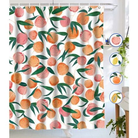 Ede Rideaux de douche pêche, rideau de douche Allover Fruits, ensemble de rideau de douche en tissu imperméable, design coloré et lumineux, avec 12 crochets, rose pêche 72 \ (1/5)