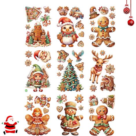 Lot de 9 stickers de Noël réutilisables, décos de fenêtre festives, adhésifs PVC double face en forme de dessins animés, pour maison, école et fête, décoration de vitre (1/4)