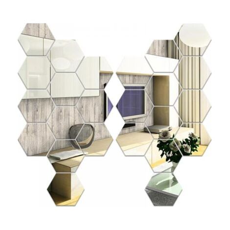 24 pièces Miroir Hexagonal Mural, Miroir Adhesif Mural Argent 126×110×63mm, Miroirs Muraux Autocollant Hexagone en Acrylique pour Canapé TV Fond Décoration, Chambre, Salon (1/5)