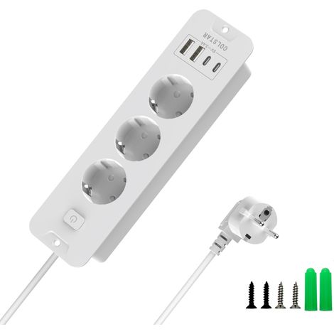 Prise encastrable invisible intégrée avec 3 compartiments, 2 ports USB-C + 2 USB-A, 16 A, câble de 2 m, interrupteur à économie d'énergie, plateau de table, multiprise escamotable, pour des lieux de (1/5)