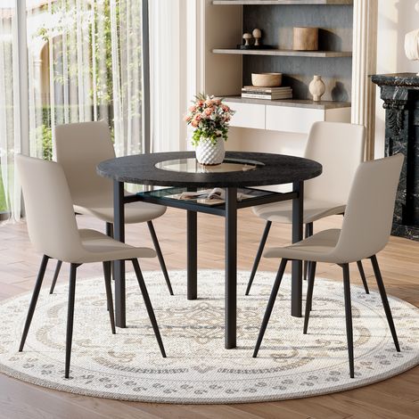 DESMIU Table de salle à manger ronde 2 à 4 personnes avec 4 chaises et étagère en verre, métal noir, Ø 100 cm (1/5)