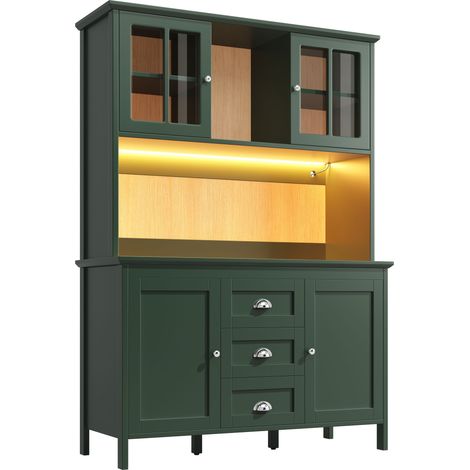CAIziArmoires de cuisine hautes (120 x 40 x 179 cm), buffet, avec portes en verre brun et éclairage LED, vert (1/5)