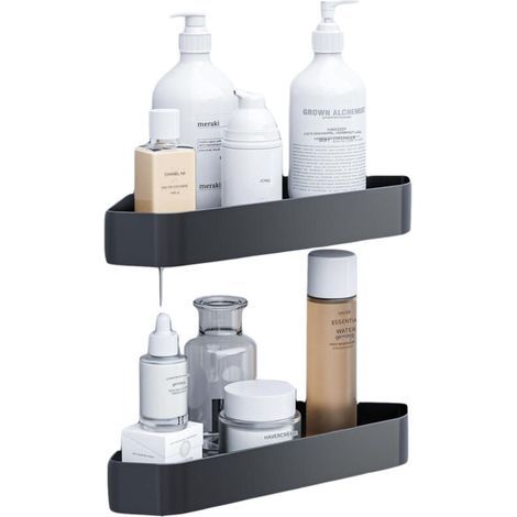 Étagère - Rangement salle de bain - Étagère de douche - Étagère d'angle sans perçage - Idéale pour ranger shampoing et gel douche - Noire - Panier triangulaire double compartiment (1/5)