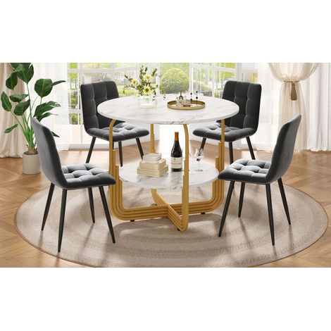 Ensemble table à manger ronde 5 pièces 80 cm diamètre pieds métal doré plateau marbre MDF,chaises grises-Da.