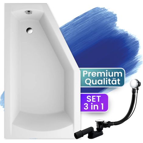 Badewanne Eckbadewanne 150x90 Links, Ablaufgarnitur & Füßen GRATIS - Komplettset 3in1 Original Acryl Wanne Premium Siphon - BADLAND SELENA (1/5)