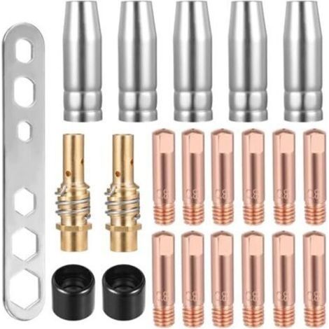 Kit de 22 consommables pour poste à souder MIG/MAG, comprenant : 12 pointes de contact M6 de 0,8 mm, 5 buses de soudage, 2 porte-buses, 2 isolateurs et 1 clé pour torche de soudage MIG/MAG MB15AK. (1/5)