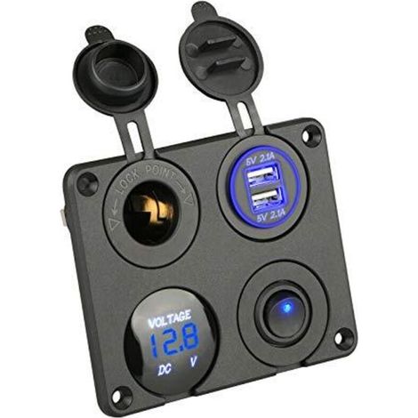 Adaptateur voiture 4 en 1, panneau de commutateur de charge USB double, prise 12 V avec voltmètre LED, interrupteur marche / arrêt, panneau allume-cigare pour Voitures Bateaux Camping-Cars (1/5)