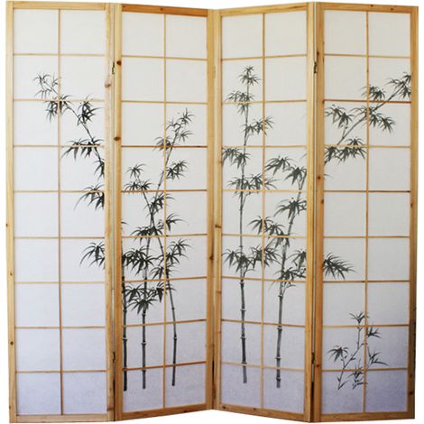Pegane – Paravent en bois et bambou naturel – 4 panneaux pliants – Charnière bidirectionnelle – Dessin sombre
