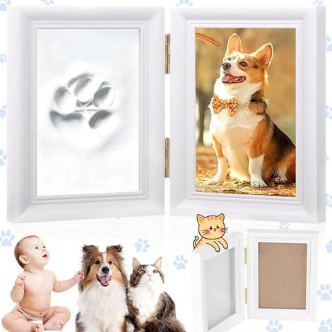 Allecta - Holz-Pfotenabdruck-Set für Hund und Katze - Fotorahmen mit Stempelset - Weiß - Wanddekoration. (1/5)